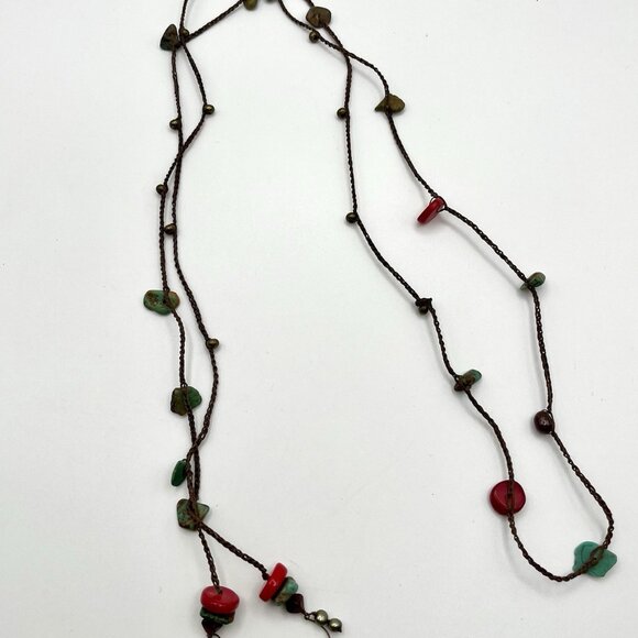 Boho Beaded Wrap Necklace Turquoise Style Red Glass Brass Tone Long Layered Cord - Picture 3 of 6